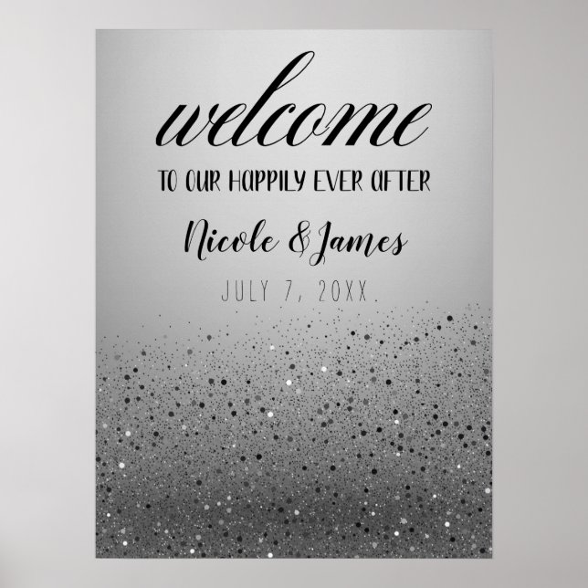Silbernes funkelndes Glitter-Hochzeits-Willkommens Poster (Vorne)