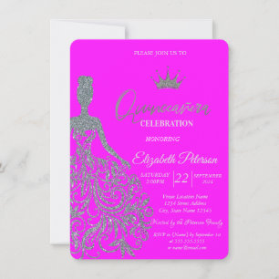 Silbernes Glitter-Kleid Tiara Fuchsia Quinceanera Einladung