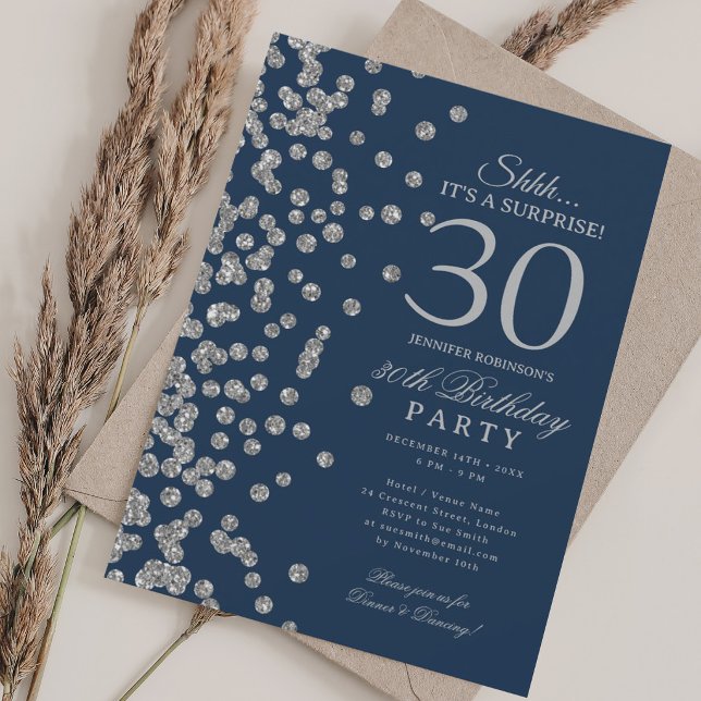Silbernes Glitter-Überraschung 30. Geburtstag Navy Einladung (Silver Glitter Surprise 30th Birthday Navy Invitation)