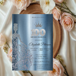 Silbernes Glitterkleid, Diamanten Blau 100. Geburt Einladung