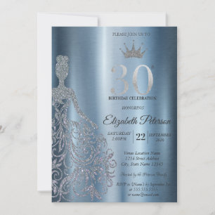 Silbernes Glitterkleid, Diamanten Blau 30. Geburts Einladung