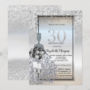 Silbernes Glitterkleid, Glas, Luftballons 30. Gebu Einladung