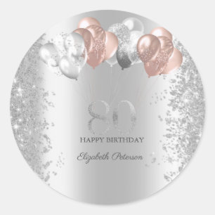 Silbernes Glitterkonfetti Rosa Luftballons 80. Runder Aufkleber