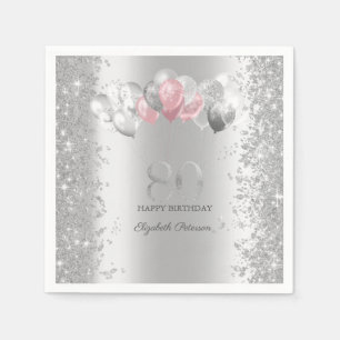 Silbernes Glitterkonfetti Rosa Luftballons 80. Serviette