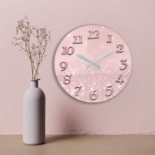 Silbernes Grau-Glitzer-minimale rosa Rose erröten Große Wanduhr