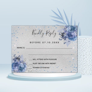 Silbernes hellblaues Glitter-Blumen-Hochzeits-RSVP Mitteilungskarte