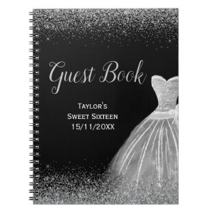 Silbernes Kleid Faux Glitter Sweet 16 Gästebuch Notizblock