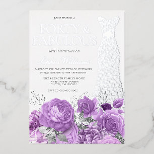 Silbernes Kleid Lila Lavendel Blumen 40. Geburtsta Folieneinladung