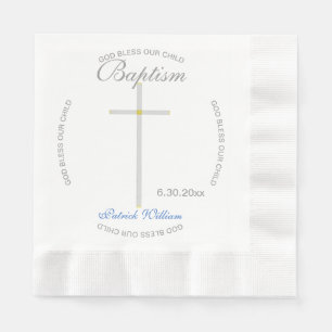 Silbernes Kreuz Junge Taufe Blau Serviette