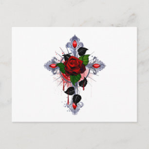 Silbernes Kreuz mit einer roten Rose Feiertagspostkarte