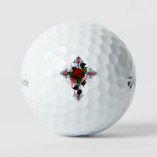 Silbernes Kreuz mit einer roten Rose Golfball