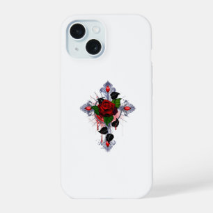 Silbernes Kreuz mit einer roten Rose iPhone 15 Hülle