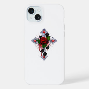 Silbernes Kreuz mit einer roten Rose iPhone 15 Plus Hülle