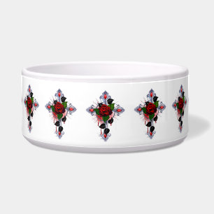 Silbernes Kreuz mit einer roten Rose Napf