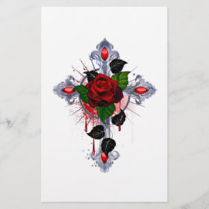 Silbernes Kreuz mit roter Rose Briefpapier