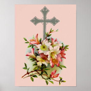 Silbernes Kreuz und rosa Blumen Poster