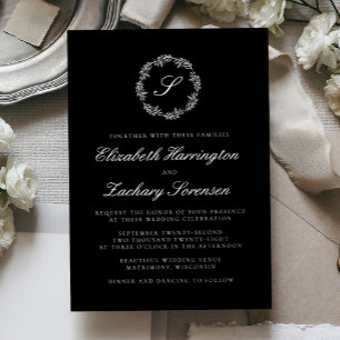 Silbernes Monogramm Kranz Schrift Schwarz Hochzeit Folieneinladung