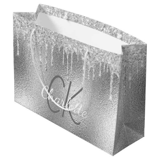 Silbernes Monogramm Name modern elegant Große Geschenktüte (Rückseite Schrägansicht)