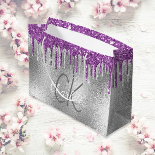 Silbernes Monogramm Name modern elegant lila Große Geschenktüte