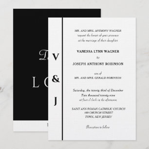 Silbernes Monogramm Weiß Schwarz Hochzeit Einladung