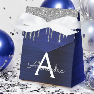 Silbernes Navy Blau Glitter Funkeln Monogramm Name Geschenkschachtel