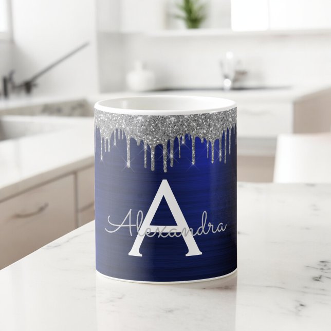 Silbernes Navy Blau Glitter Funkeln Monogramm Name Kaffeetasse (Von Creator hochgeladen)