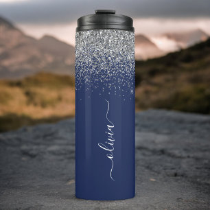 Silbernes Navy Blau Glitter Girly Monogramm Name Thermosbecher