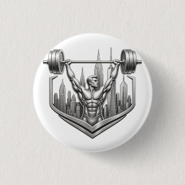 Silbernes NYC Bodybuilder-Logo - Metallisches New  Button (Vorderseite)