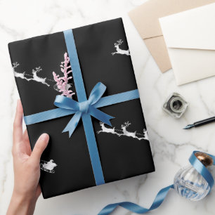 silbernes Rentier-Weihnachtsmuster auf schwarzem H Geschenkpapier