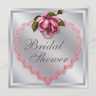 Silbernes rosa Rosen-Herz-Brautparty Einladung
