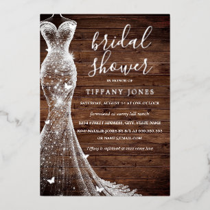 Silbernes Schmetterlingskleid Rustikale Bridal Sho Folieneinladung