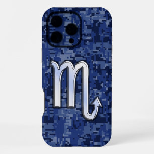 Silbernes Skorpion-Sternzeichen auf Blau Camo iPhone 16 Pro Max Hülle