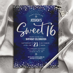 Silbernes Skript Navy Watercolor Sweet 16 Geburtst Einladung
