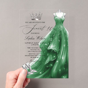 Silbernes Smaragd-Kleid Prinzessin Sweet 16 Acryleinladungen