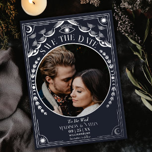 Silbernes Tarot-Gothic-Hochzeitsfoto Save-the-Date Folieneinladung