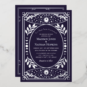 Silbernes und lila Vintage-Tarot-Gothic-Hochzeitsf Folieneinladung