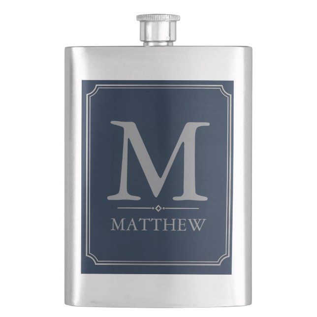Silbernes und navyblaues Monogramm-Design Flachmann (Vorderseite)