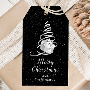 Silbernes und schwarzes Band-Geschenk Frohe Weihna Geschenkanhänger
