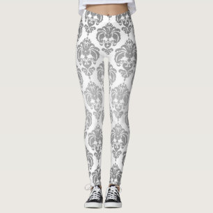 Silbernes und weißes Damast-Chic-modernes elegante Leggings