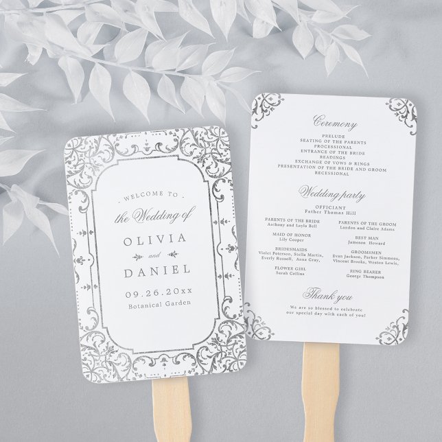 Silbernes verziertes Hochzeitsprogramm Fächer (Silver elegant ornate vintage wedding program hand fan)