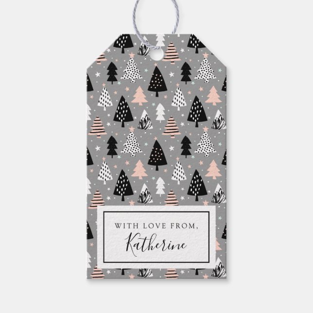 Silbernes Weihnachtsbaum-Muster Geschenkanhänger (Vorderseite)