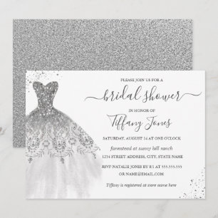 Silbernes weißes Glitter-Hochzeitskleid Brautdusch Einladung
