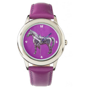 SILBERNES WESTERN-PFERDlila lederne Uhr