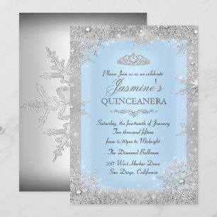 Silbernes Winter-Wunderland Blaues Quinceanera-Ein Einladung