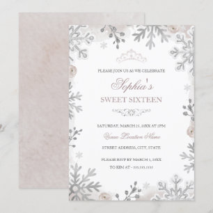 Silbernes Winter-Wunderland-Blush-Süße 16. Geburts Einladung