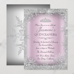 Silbernes Winter-Wunderland Rosa Quinceanera-Party Einladung