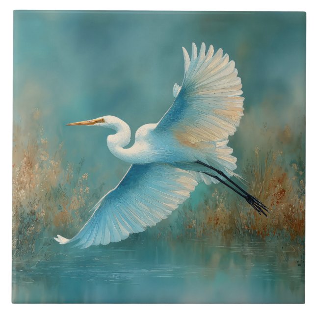 Silberreiher im Flug Aquarell Fliese (Vorderseite)
