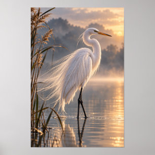 Silberreiher in goldenem Nebel - Wildlife-Wandkuns Poster