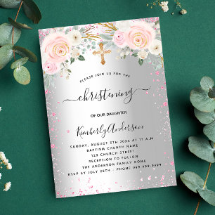 Silberrosa Blumen Glitzer Mädchen Einladungspostkarte