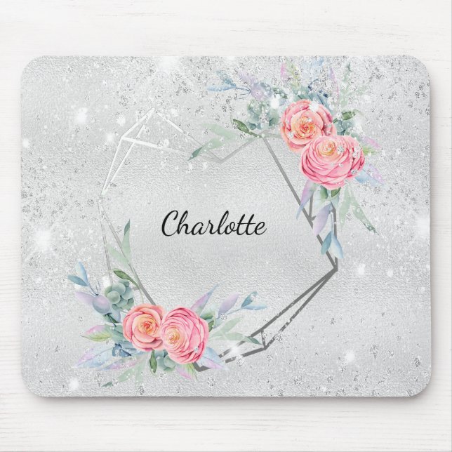 Silberrosa Blüten Glitzer Staubname Mousepad (Vorne)